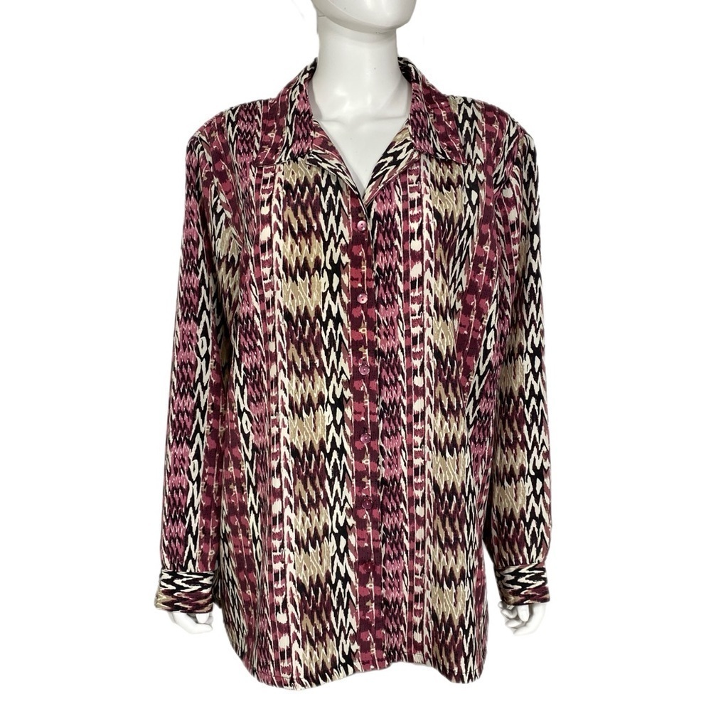 Donnkenny Woman Vintage Mauve Beige Print Long Sleeve Button Up Blouse